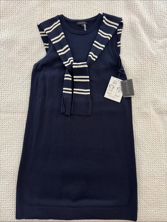 1. State Dresses & Skirts - Navy Sleeveless Knit Dress with Striped Knit Scarf Detail